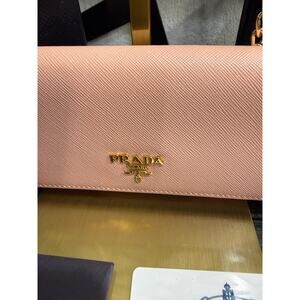 Prada Saffiano Pink Continental Wallet Gold Logo Full Set Auth